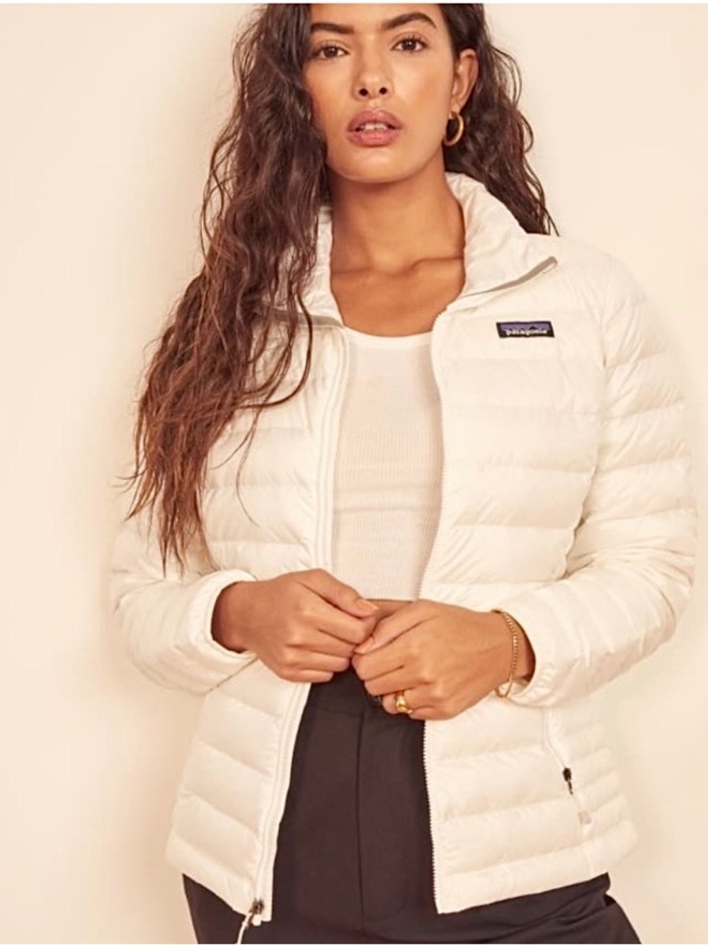 Patagonia Women’s Down Sweater Goose Down Puffer Jacket Cream Full Zip Size L